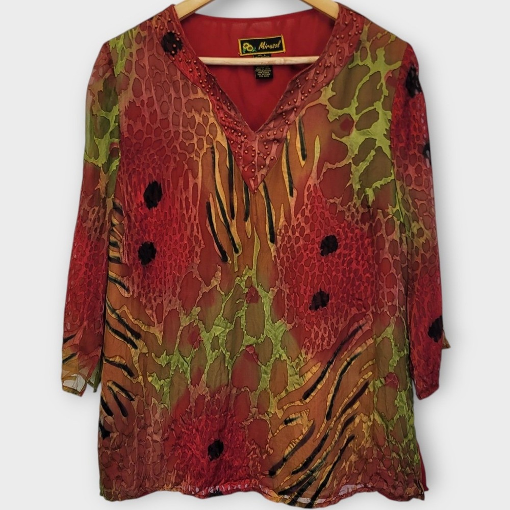 Mirasol Silk Blend Burnout Tunic Top Large Artsy Sheer Beaded Abstract Resort